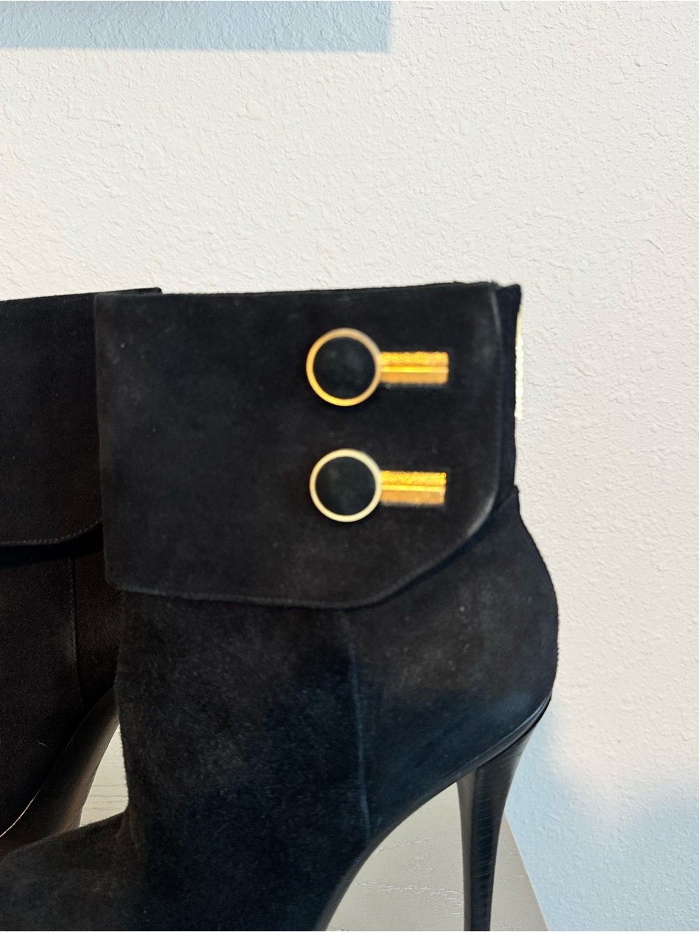Rachel Zoe Black Suede High Heel Ankle Boots with Gold Accents - Picture 5 of 8